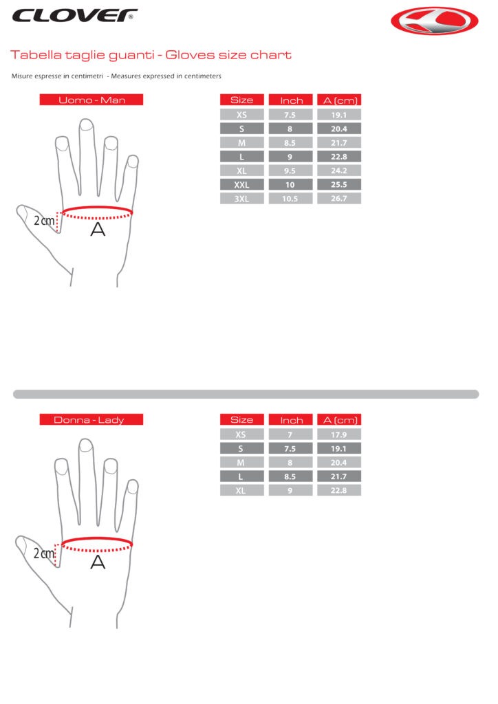 tabella taglie guanti CLOVER per uomo e donna