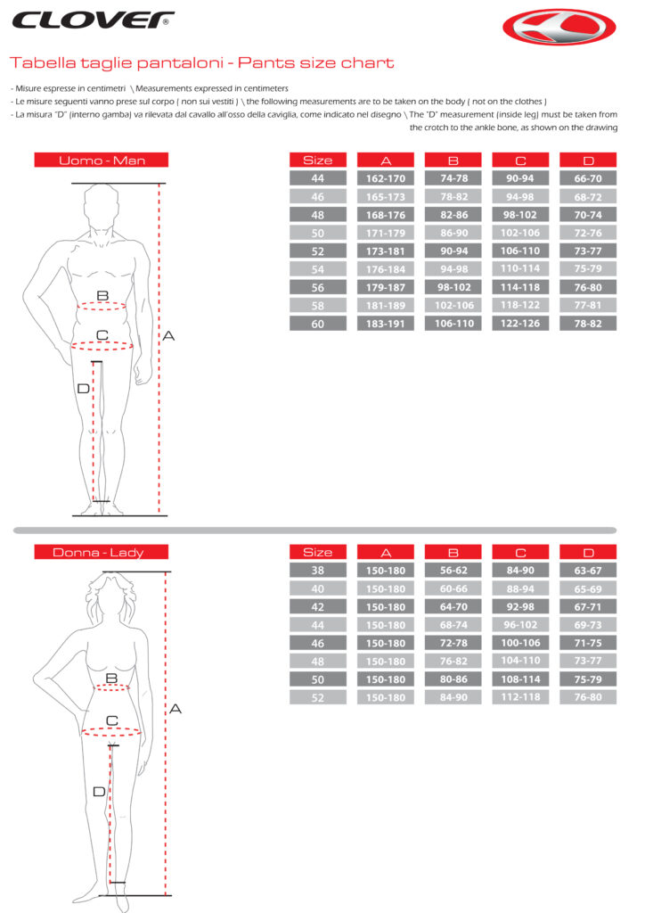 tabella taglie pantaloni CLOVER per uomo e donna
